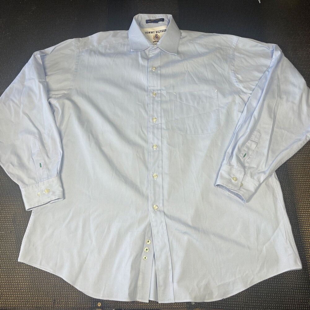 Tommy Hilfiger Mens Dress Shirt 16 34-35 Blue White Cotton Long Sleeve - Picture 1 of 10